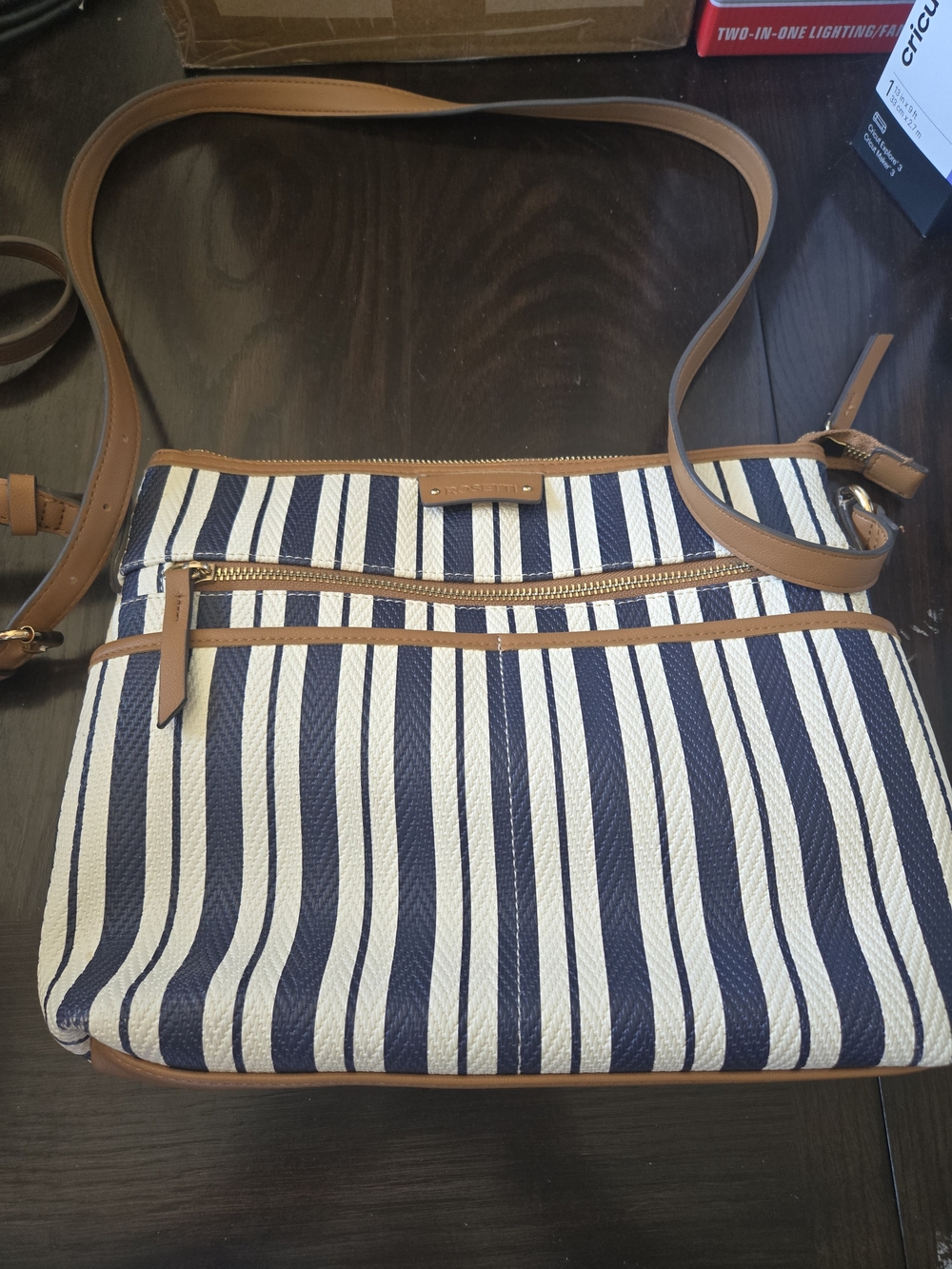 Rosetti Navy and White Striped Crossbody with Tan Trim